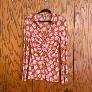 Free People Ruched Floral Button Front Top Brown Pink Daisy Y2K Women M